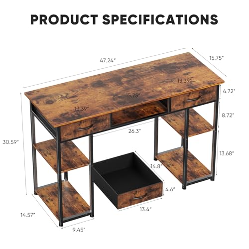 DUMOS 48" Small Computer Home Office Desk for Bedroom with Drawers, Gaming Writing Study Table with Storage Shelf, Adjustable Feet, Metal Frame Natural Brown - color: Brown, size: 48-In