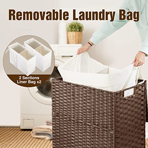 Greenstell Laundry Hamper with lid, No Install Needed, 90L Wicker Laundry Baskets Foldable 2 Removable Liner Bags, 2 Section Clothes Hamper Handwoven Rattan Laundry Basket with Handles, Brown - color: Brown, size: 90L (18.3x13.3x24.0 Inches)