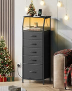 WLIVE LED Nightstand with Charging Station, Fabric Dresser with 5 Drawers for Bedroom, Tall Night Stand with Open Shelves, Bed Side Tables Living Room, Black - color: Black, size: 5 Drawers