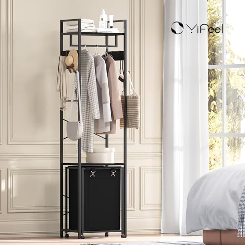 Coat Rack with Laundry Basket, Laundry Hamper Freestanding Hall Tree, Clothes Rack with Storage Shelves, 14.5 Gal Removable Bags on Wheels, Black JLH005B - color: Black