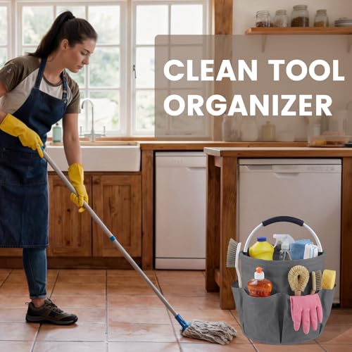Cleaning Caddy with Handle and 6 Pockets, 17L Cleaning Supplies Organizer, 600D Oxford Fabric Storage Basket, Multifunctional Bucket Bag for Picnics, Camping, Gardening, Bathing (Grey) - color: Gray