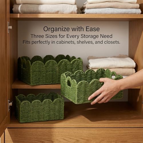 Scalloped Wicker Baskets, Set of 3 Hand-Woven Storage Baskets with Handles - Paper Rope Shelf Organizers & Decorative Baskets for Shelves, Closet, Bathroom (Green） - color: Greem