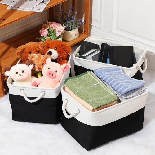 meekoo 8 Pack Collapsible Storage Bins Fabric Storage Bins Polyester Fabric Baskets with Handles Linen Closet Organizer for Shelf Home Closet Towels Toys(15 x 11 x 9.5 in,Black White) - color: Black White, size: 15 x 11 x 9.5 In