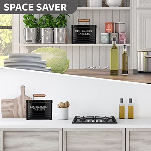 Calindiana Modern Farmhouse Metal Dishwasher Pods Container Holder with Lid for Kitchen Organization and Storage, Kitchen Essentials Decor Accessories, Black - color: Black