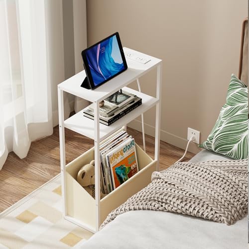 TUTOTAK Narrow Side Table, Small End Table with Charging Station, Nightstand with Fabric Basket, Bedside Table for Small Space, Livingroom, Bedroom White TB01BW095 - color: White