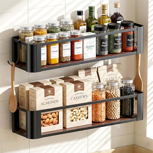 2 Pack Wall Mounted Spice Rack with 2 Hooks, Spice Organizer Shelf for Stove Cabinet Pantry Door, Screw or Adhesive Spice Shelf Hanging Wall Spice Rack in Kitchen and RV (Black, 2 Pack)