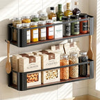 2 Pack Wall Mounted Spice Rack with 2 Hooks, Spice Organizer Shelf for Stove Cabinet Pantry Door, Screw or Adhesive Spice Shelf Hanging Wall Spice Rack in Kitchen and RV (Black, 2 Pack)