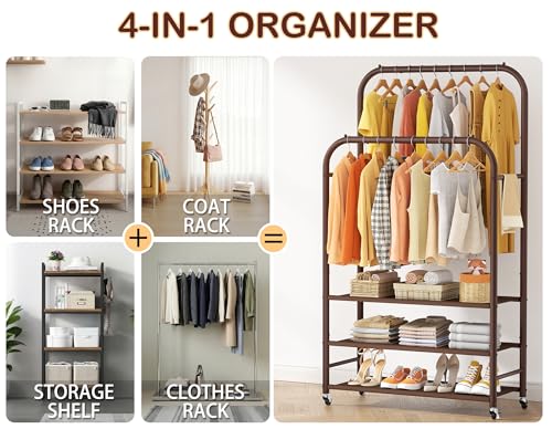 HOMIDEC Double Rods Clothes Rack Clothing Rack with 3 Tier Storage Shelves Clothes Rack for Hanging Clothes Multifunctional Heavy Duty Clothes Organizer for Bedroom,Wardrobe Closet,Shop,Brown - color: Brown