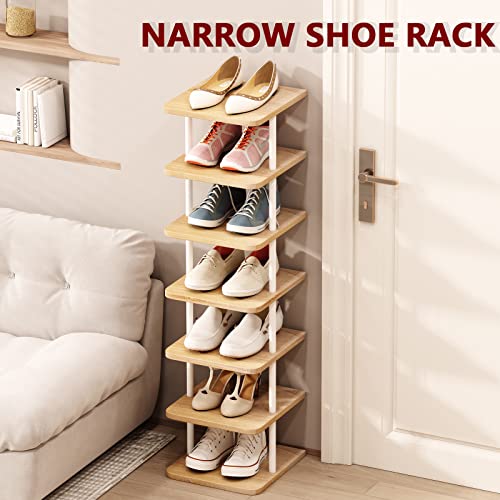AZERPIAN Shoe Rack 7 Tier Vertical Storage Organizer Narrow Metal Slim Shelf Modern Free Standing Shoe Tower Saving Space for Closet Entryway Bedroom,White - color: White+sonoma Oak, size: 7 Tier