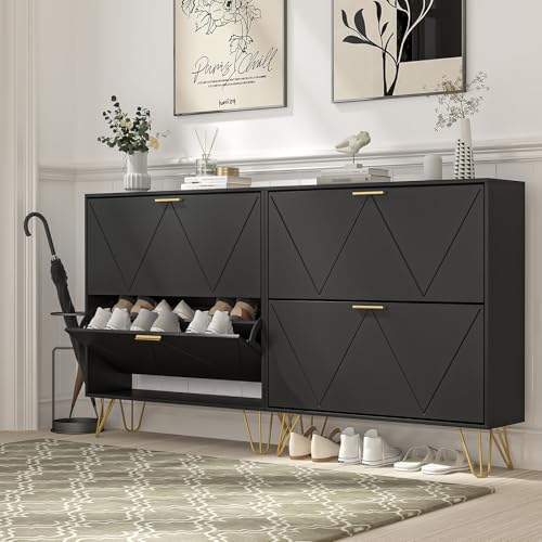 LYNSOM 2er Set Shoe Cabinet with 4 Flip Drawers, Black Shoe Storage Cabinet, Slim Wooden Freestanding Shoe Rack, Shoe Organizer with Fluted Panel for Entryway Hallway - color: Black, size: Set of 2