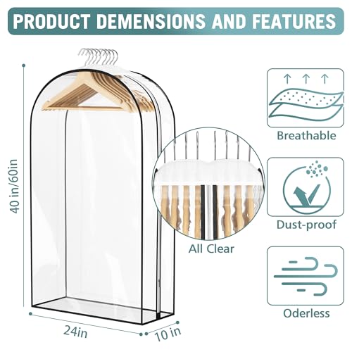 Liuoud Clear Garment Bag for Hanging Clothes 10” Gusseted, 40&60” Suit Bags for Open Closet Storage Plastic Clothes Cover for Coat, Dress, Shirts, Fur, Jacket, Wardrobe Protectors, 4 Pack - color: Clear, size: 40+60 inch
