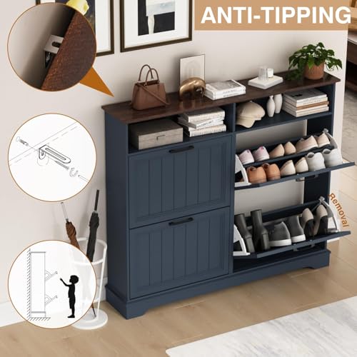 Shoe Storage Cabinet with 4 Flip Drawers, Farmhouse Modern Hidden Shoes Rack Cabinet with Adjustable Shelves & Open Storage, Narrow Slim Shoe Organizer for Front Door Entrance, Entryway, Navy Blue - color: Navy Blue, size: 4-Drawers