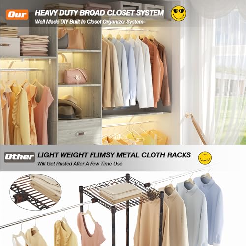 iSunirm 8FT Closet System, 96'' Closet Organizer System with 3 Hanging Rods, Wall Mount Bedroom Wardrobe with 3 Drawers Walk-in Closet, Adjustable Garment Rack from 5 to 8FT(Cut to Fit), White Oak - color: White Oak