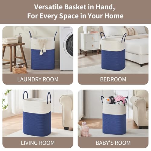 AINUOQI Laundry Basket with Handles - Blanket Basket & Hampers for Bedroom Aesthetic, Laundry Hamper & Blanket Storage for Living Room, Clothes Hamper, Tall, Large 17" x 14" x 23”, White & Dark Blue - color: White & Dark Blue, size: 85L