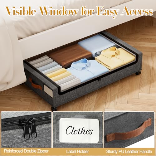 Yecaye Under Bed Storage with Wheels, 2 Pack Under the Bed Storage Containers with Lids & Label, XXL 60L Rolling Underbed Storage Drawers for Clothes, Blankets, Shoes, Hemp Gray - color: Hemp Gray, size: 2 Pack