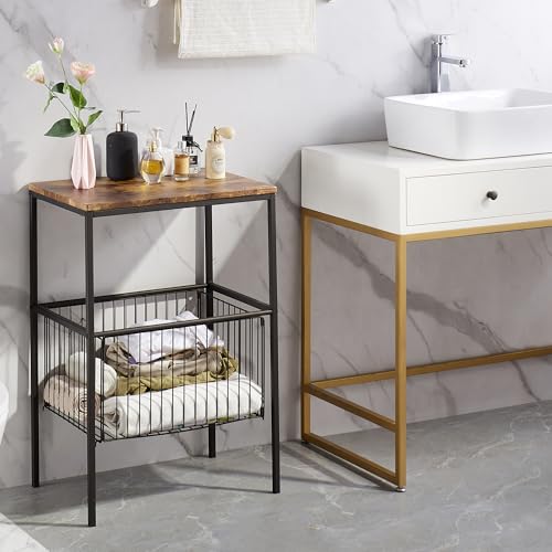 VECELO Tall End Table with Metal Basket,Nightstand with Shelf Storage Organizer, Wood Night Stand with Metal Frame, Waterproof for Bedroom, Living Room, Bathroom - color: Classic Brown(basket), size: 1 Set