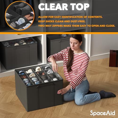 SpaceAid Shoe Organizer for Closet, 2 Pack Foldable Shoe Storage Containers Baskets Boxes Bins w/Adjustable Dividers, Fits 16-32 Pairs, Grey - color: Grey