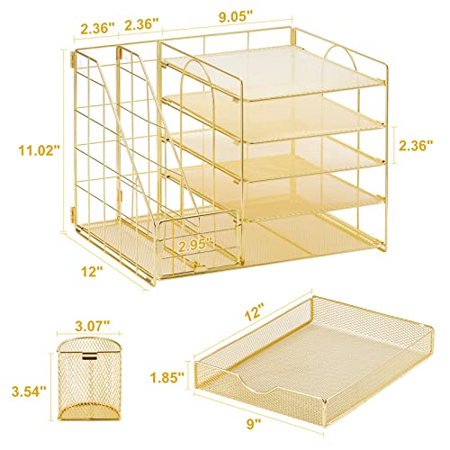 Marbrasse Rose Gold Desk Organizer with File Holder, 5-Tier Paper Letter Tray Organizer with Drawer and 2 Pen Holder, Mesh Desktop Organizer and Storage with Magazine Holder for Office Supplies - color: Gold
