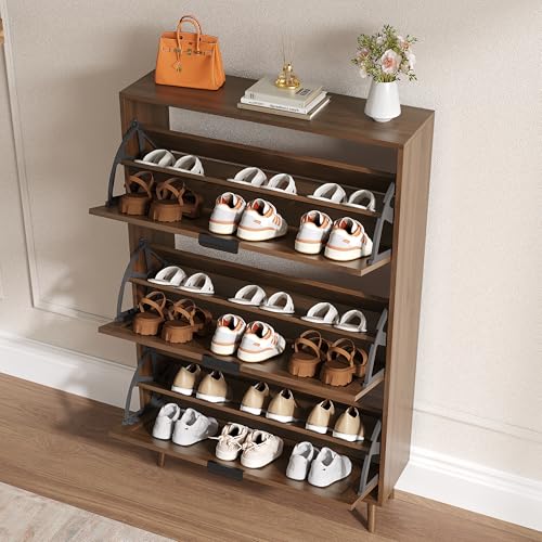 BORNOON Shoe Cabinet for Entryway with 3 Flip Drawers, Slim Wooden Shoe Storage Organizer with Modern Fluted Pannel，Freestanding Narrow Hidden Shoe Rack for Hallway, Foyer, Living Room - color: Walnut, size: 3 Flip Drawers