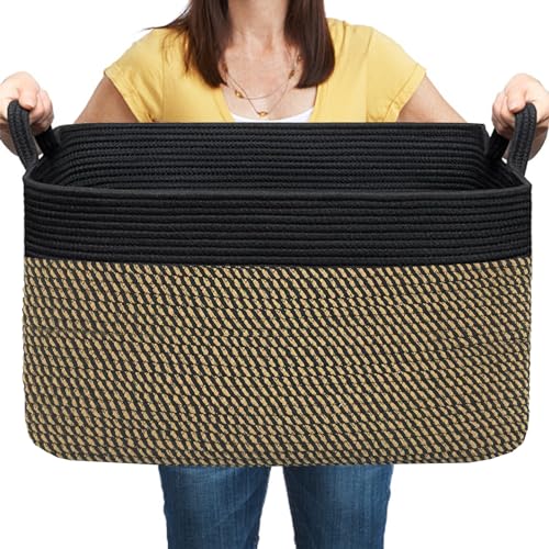 COMFY-HOMI Large Rectangular Blanket , Cotton Rope Woven for Storage, LaundryHamper, Storage ,Toy Organizing Bin with Handle, Organizer and Storage-22x15x12-Black/Jute - color: Black/Jute, size: 22''x15''x12''
