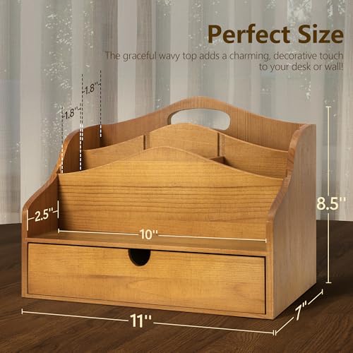 Pine Wood Mail Organizer For Desk - Rustic Mail Sorter With Drawer & Dividers 4-Slot Letter Sorter For File And Jewelry - Wooden Letter Holder For Desk Organization & Home Office Decor (Yellow) - color: A-Yellow