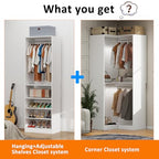 Closet System with 2 Sets, 5FT-10FT Closet Organizer System with 5 Hanging Rods& Adjustable Shelves, Corner Walk in Closet Free Standing Closet System, Modular Closet System, White