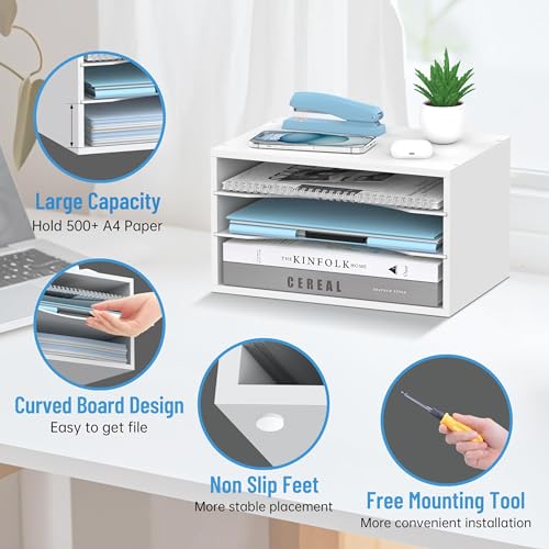 Wood Desk Organizer, 3 Tier Paper Tray Organizer for Desk with Adjustable Storage Shelves, Desktop File Organization Paper Sorter Mail Holder for Office Home Classroom, White - color: White, size: 3 Tier