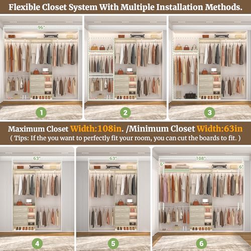 Aheaplus Closet System - 8FT Organizer with 3 Wooden Drawers, Fits 5.3-9 ft Walk-in Closet, White Oak - color: White Oak
