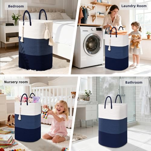 Woven Laundry Basket for Clothes,65 L Large Rectangle Laundry Hampers with Beads Tassel, Nursery Storage Basket for Toys, Tall Dirty Clothes Hamper for Bedroom Aesthetic, Laundry Room Organization - color: Gradient Blue, size: 65L
