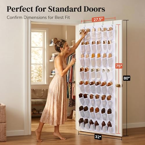 48 Pockets Over The Door Shoe Organizer, Large Mesh Hanging Shoe Rack, 6-Column Heavy Duty Shoe Storage for Sneakers and Heels, Behind Door Holder for Entryway Bedroom Dorm College, White - color: White