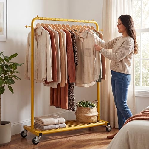 Sywhitta Clothing Rack on wheels, Clothes Rack with Bottom Mesh Storage Shelf,Sturdy Metal Frame,for Hanging Clothes,Coats,Skirts,39.76 "W x 16.06" D x 63.78" H,Gold Yellow - color: Gold Yellow