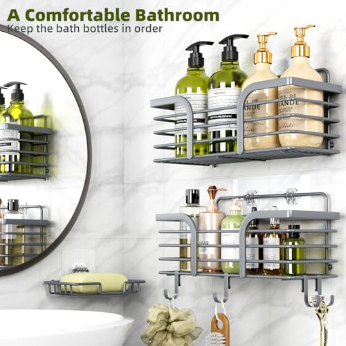 Yougai Shower Caddy, Shower Organizer with Soap Holder and Hooks, Rustproof Shower Shelves, No Drilling Bathroom Organizers and Storage, Wall-Mounted Kitchen & Home Decor (Dark Gray) - color: Dark Gray