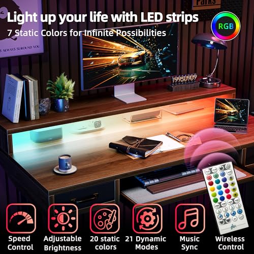 TIQLAB Standing Desk with Two Drawers, Stand Up Standing Desk Adjustable Height, Electric Sit Stand Table with Storage Shelf and Splice Board, with LED Light, 55 * 28 inch, Black Walnut - color: Black Walnut, size: 55*28 inch with keyboard tray