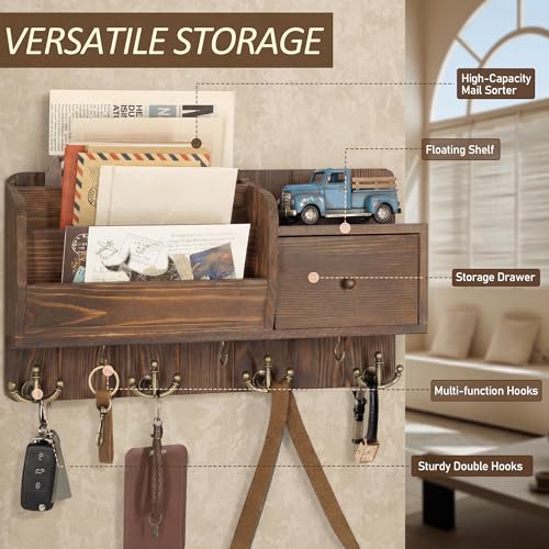 Rebee Vision Pine Wood Key Holder Wall Mount with Mail Sorter for Home Decor- Rustic Key and Mail Holder for Wall with Hooks and Drawer Organizer - Ideal for Apartment Essentials (Retro Brown) - color: Vintage Brown