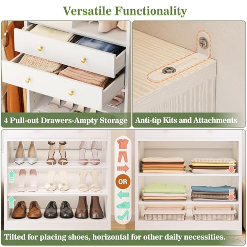 Besiost Closet System, Up to 134"/11.2 FT Closet Organizer with 4 Wooden Drawers and Shelves, Walk-in Closet System with 6 Hanging Rods, Built-in Closet Can Fit 96"/8FT, 120"/10FT, White - color: White, size: Style A: 77.6"—134"(W)