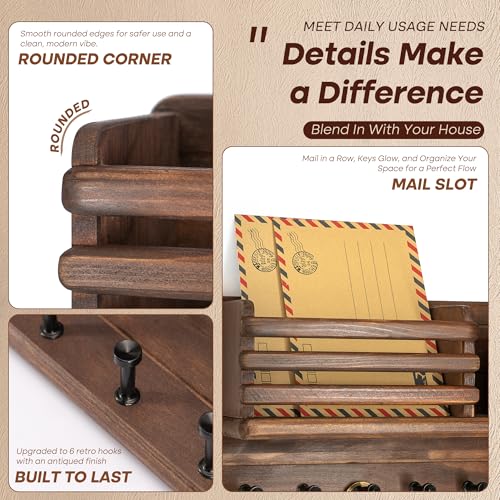Rebee Vision Pine Wood Key Holder Wall Mount - Farmhouse Mail and Key Holder for Wall with Floating Shelf & 6 Hooks - Decorative Mail Organizer with Round Corner for Home Decor (Brown) - color: Brown