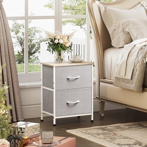 WLIVE Night Stand, Gray Nightstand with 2 Fabric Drawers, Small Dresser for Bedroom, Closet, College Dorm, End Table Side Furniture, Wood Top, Light Grey - color: Light Grey, size: 11.8"D x 15.7"W x 20.9"H