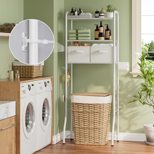 Simple Trending Over The Toilet Storage Rack with Drawers, Metal 3 Tier Bathroom Organizer Shelf with Paper Holder and 3 Hooks, White - style: 3 Tier White-Drawers