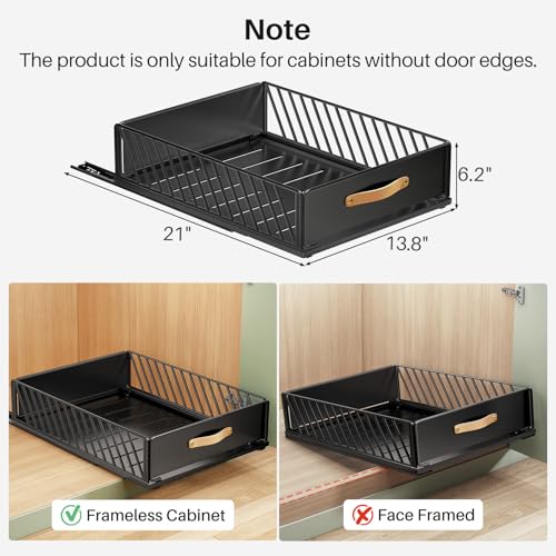 Pull out Cabinet Organizer,Heavy Duty Slide out Pantry Shelves Drawer Storage with Adhesive Nano Film,Sliding Mesh Cabinet Basket with Handle for Kitchen, Bathroom, Home, 13.8"W X 21"D X6.2"H,Black - color: Black, size: 13.8"Wide-21"Deep (1Pack)