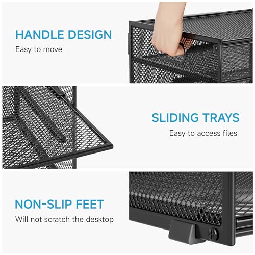 Lavatino 3-Tier Letter Tray Desk Organizer, Mesh Metal Paper File Tray Organizer for Desk, Office Supplies & Home Organization, Fits A4 Paper, Mail, Magazines & Office Accessories (Black with Handle) - color: 4-tier With Handle - Black