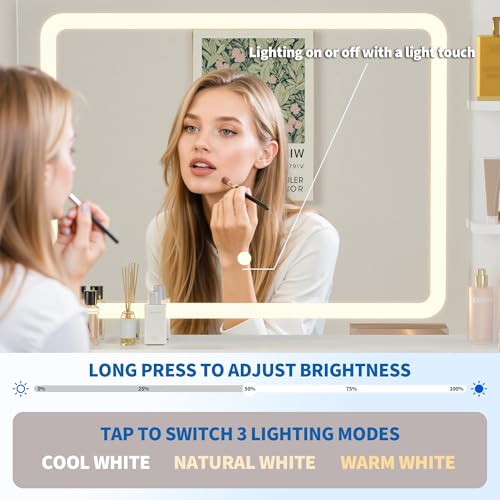 Garvee Fluted Vanity Desk with Mirror and Lights, 31 in Small Makeup Vanity Storage Cabinet & 2 Drawers, 3 Lighting Modes, Stylish Dressing Table for Bedroom - color: Light White