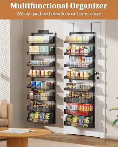 POKIPO 8-Tier Over the Door Pantry Organizer, Large Metal Door Spice Rack with Adjustable Basket, 2 in 1 Wall Mount or Hanging Heavy-Duty Pantry Door Storage Shelf for Kitchen and Bathroom, Black - color: Black