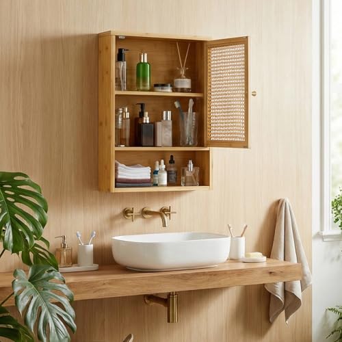 Takywep Bathroom Wall Cabinet, Natural Bamboo with Rattan Doors Adjustable Shelf Wall Mounted, Over Toilet Storage Organizer, Wooden Medicine Cabinet for Bathroom, Kitchen, Laundry, Living Room - color: Natural