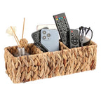 BTSKY Handwoven Remote Control Holder for Table, Natural Water Hyacinth Remote Control Caddy Small Wicker Storage Basket, 3-Compartment Office Supplies Desk Organizer Rustic Makeup Brushes Holder - size: 3-Slot