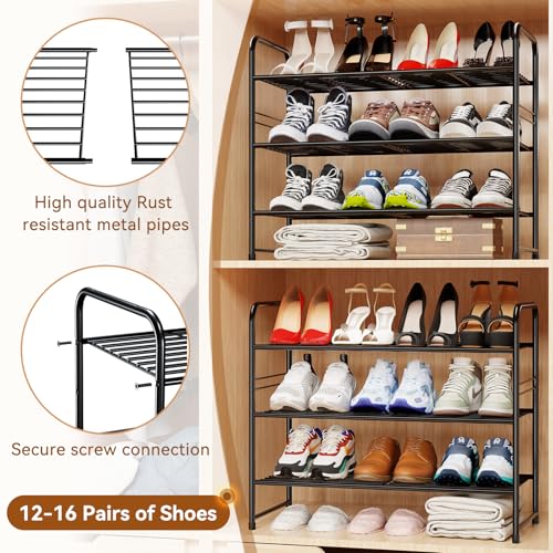 Shoe Rack, Closet Metal 27 Inch Wide 3 Tier Metal Shoe Organizer for Entryway, Stackable & Adjustable, Black