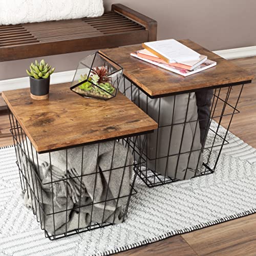 End Tables Set of 2 - Nesting Tables with Removable Wood Tops and Metal Basket Bases for Blanket Storage - Square Side Furniture for Living Room, Bedroom, or Home Office by Lavish Home (Brown) - color: Brown Square 2