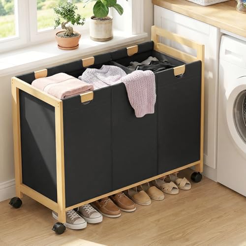 Homykic 250L Laundry Sorter Cart with Wheels, 3-Section Rolling Laundry Basket with Removable Bags, 66 Gal Large Laundry Hamper Organizer, Heavy Duty Bamboo Frame, Water-Resistant, Black - color: Black