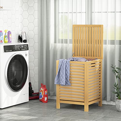 Homykic Bamboo Laundry Hamper with Lid, 120L Large Clothes Laundry Sorter with Removable 2-Section Liner Bag, Raised Laundry Basket Organizer for Clothing, Bathroom, Bedroom, Laundry Room, Natural - color: Natural