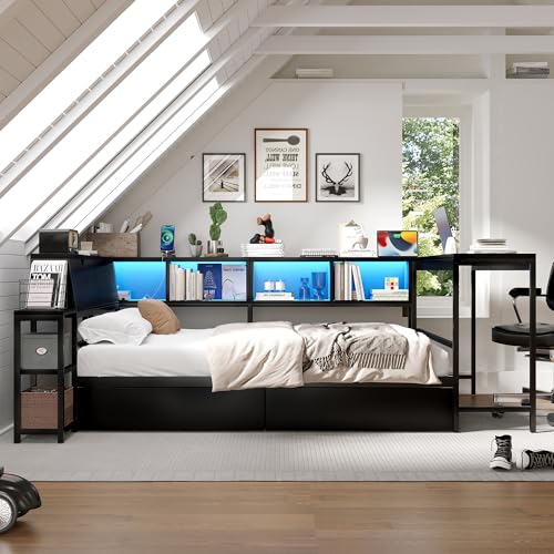 Corner Bed Frame Queen with Storage Bookshelf & Desk, U-Shaped Daybed Frame with 2 Drawers, Metal Corner Beds with Charging Station & LED Lights for Bedroom, Flip Left or Right (Black, Queen) - color: Black, size: Queen
