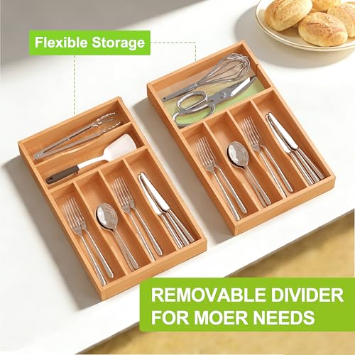 Unibambou Bamboo Utensil Drawer Organizer with Removable Dividers, Kitchen Organizer for Flatware Cutlery, Silverware Tray for Drawer (6/5 Flexible Slots, Natural) - color: Natural, size: Medium+ 10x16 Inch